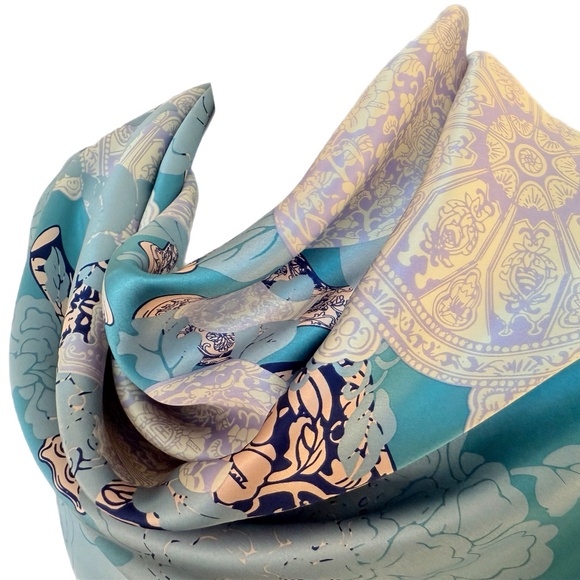 Baoshidi 100% Silk Scarf – Teal & Lavender – Asian Motif – New with Tags - Picture 4 of 11